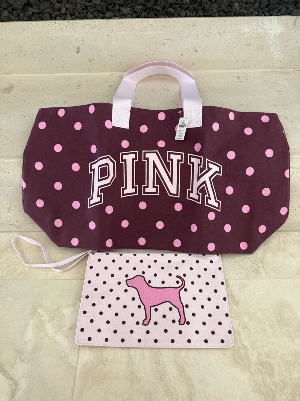 *NEW* Victoria’s Secret Pink Polka Dot Canvas Tote Bag + Wristlet Pouch